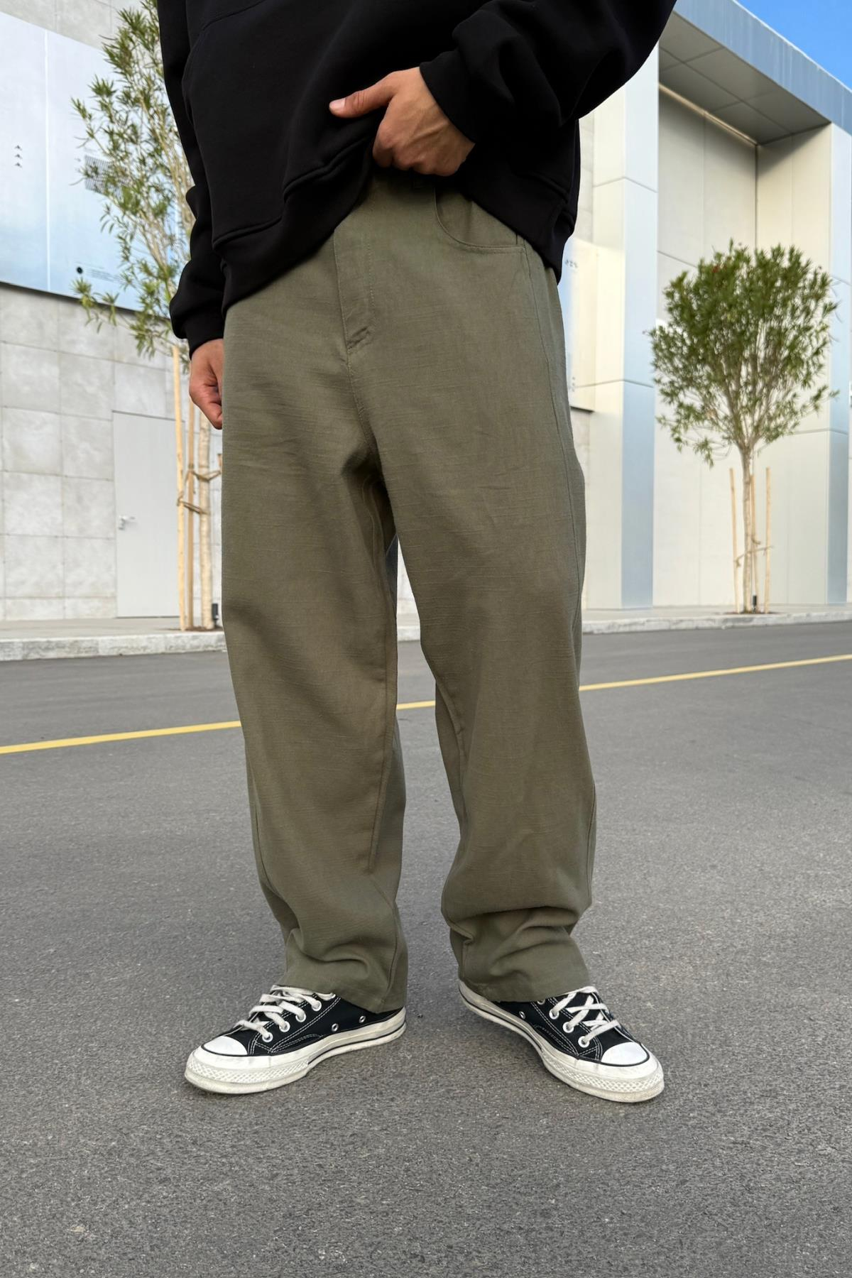 Haki İnce Kumaş Baggy Pantolon JC01