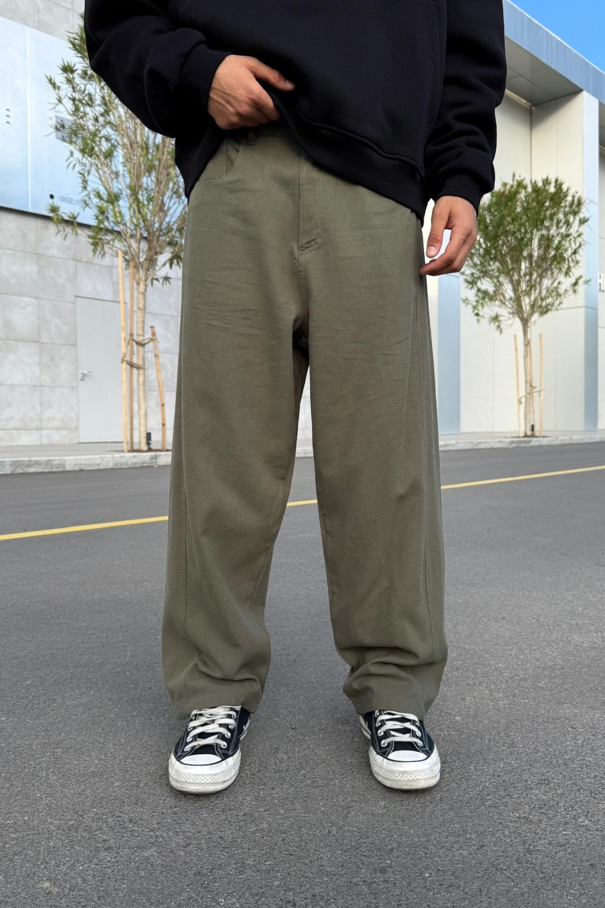 Haki İnce Kumaş Baggy Pantolon JC01