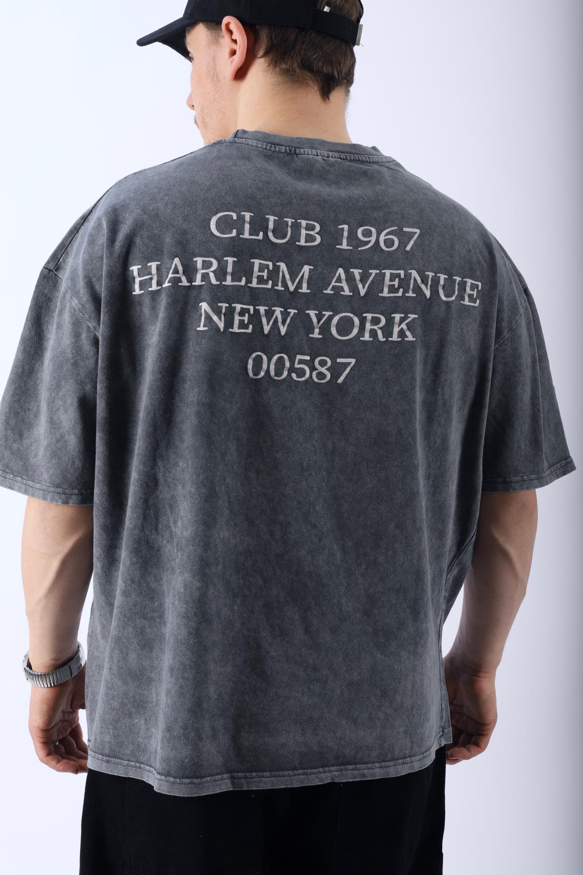 Harlem Club Baskılı Acid Wash Oversize Tshirt T956