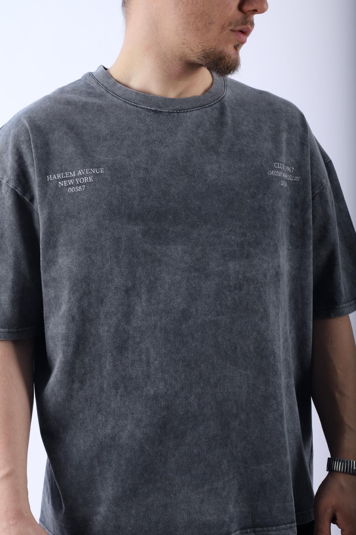 Harlem Club Baskılı Acid Wash Oversize Tshirt T956