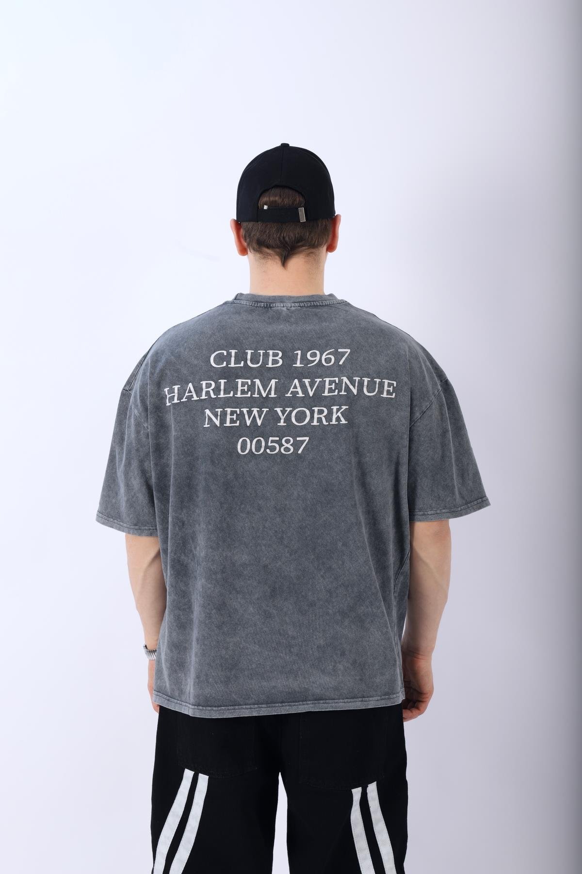 Harlem Club Baskılı Acid Wash Oversize Tshirt T956