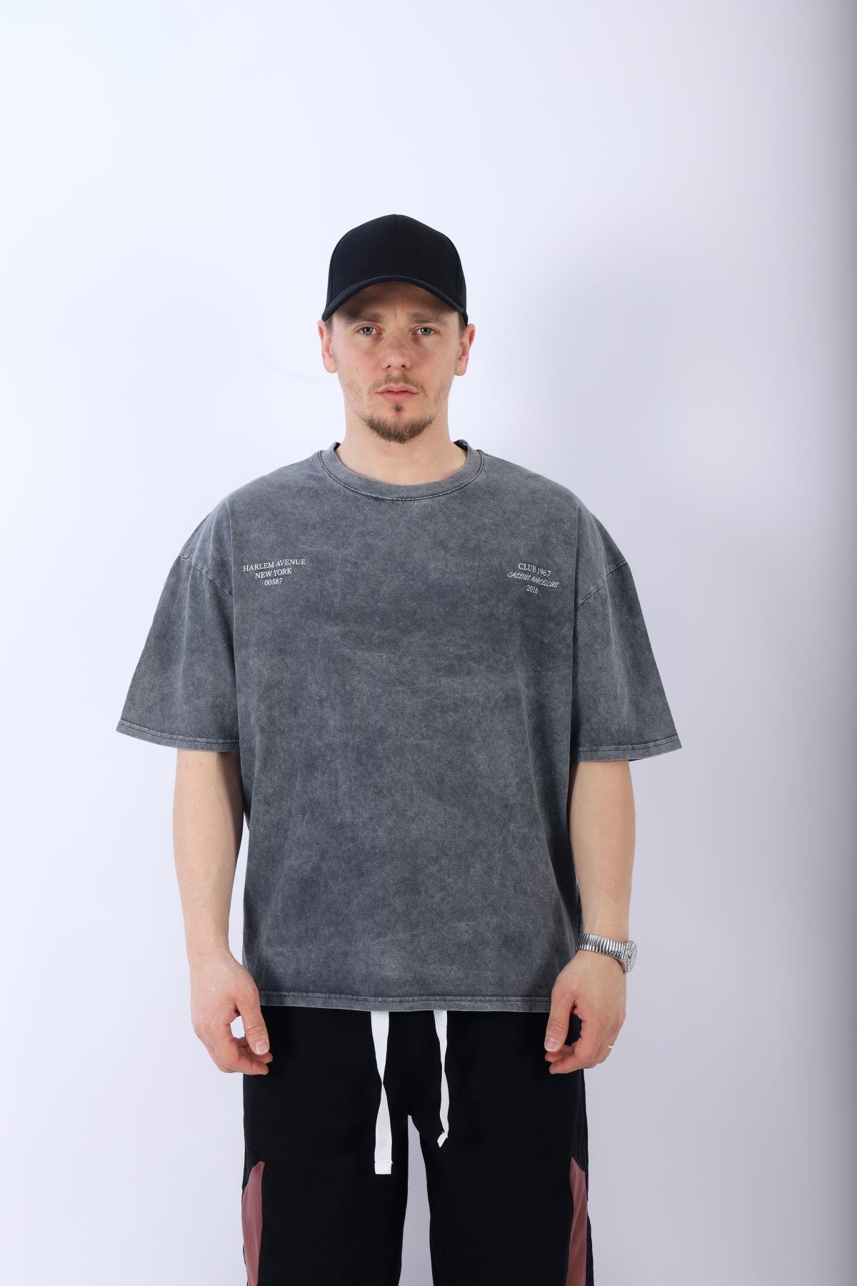 Harlem Club Baskılı Acid Wash Oversize Tshirt T956