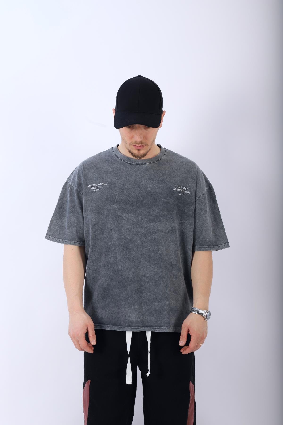 Harlem Club Baskılı Acid Wash Oversize Tshirt T956