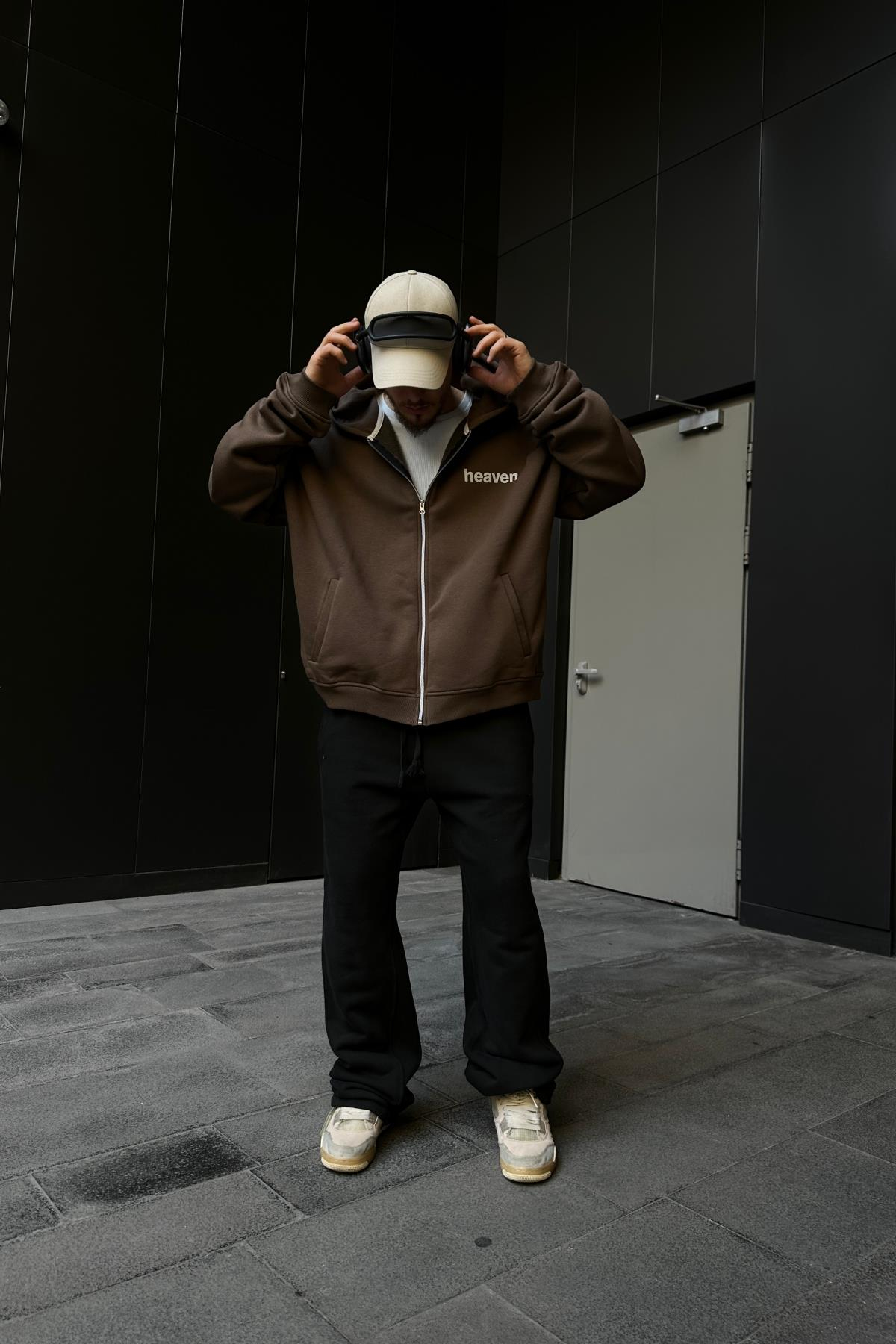Heaven Baskılı Kahve Oversize Zipper Hoodie SW1103