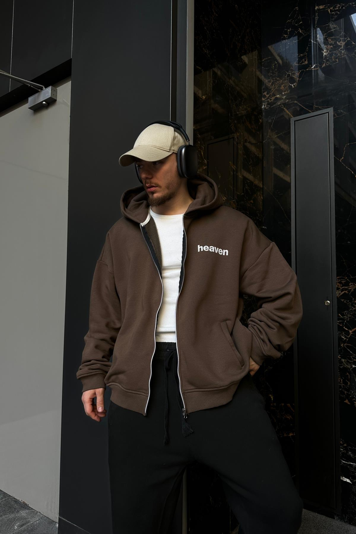 Heaven Baskılı Kahve Oversize Zipper Hoodie SW1103