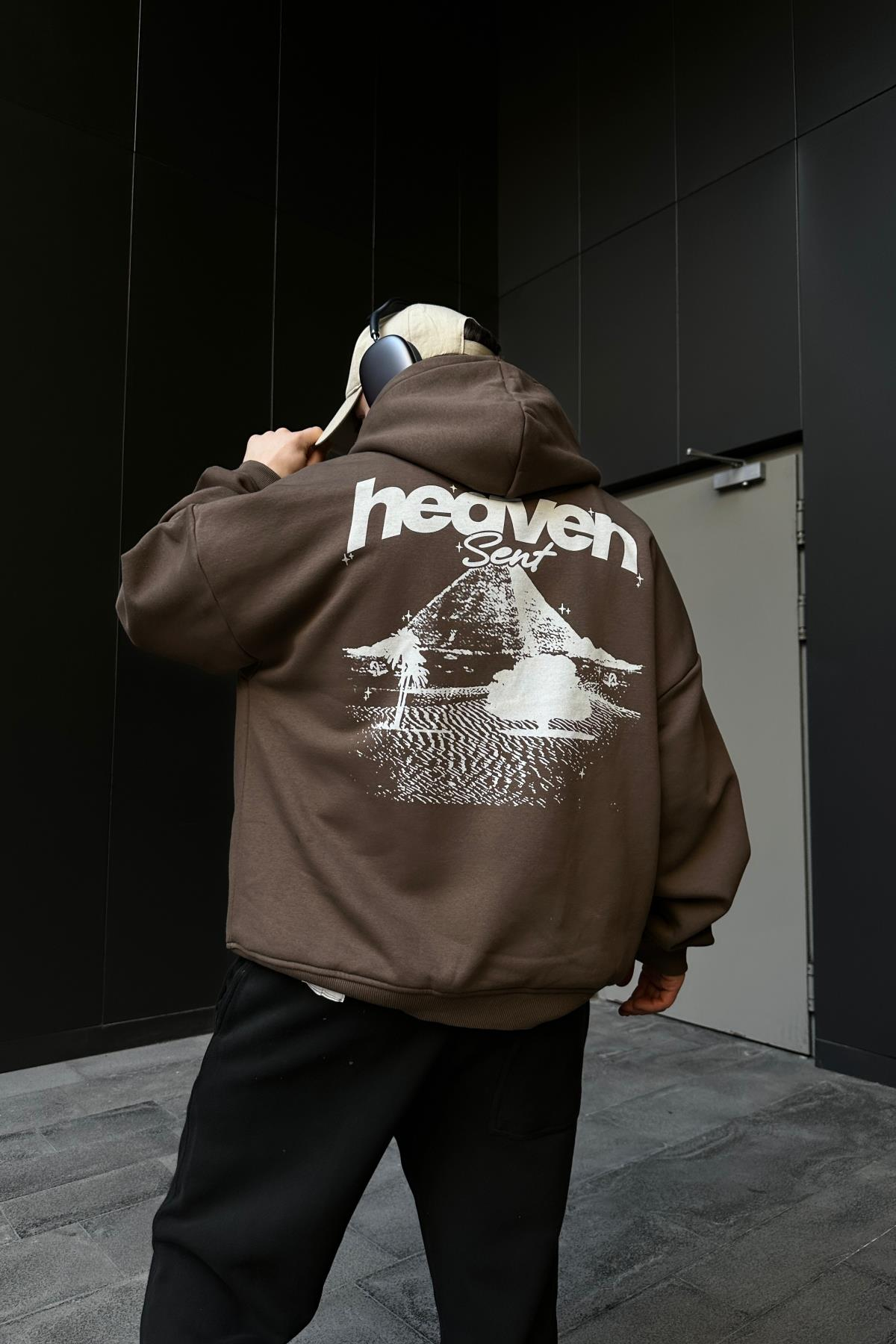 Heaven Baskılı Kahve Oversize Zipper Hoodie SW1103