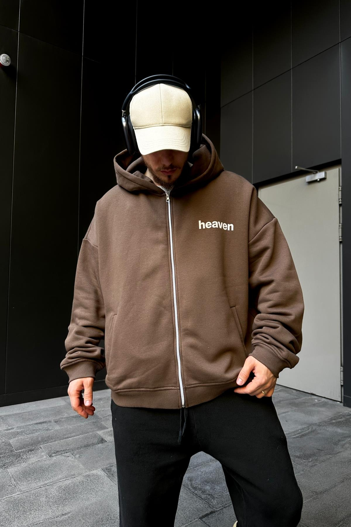 Heaven Baskılı Kahve Oversize Zipper Hoodie SW1103