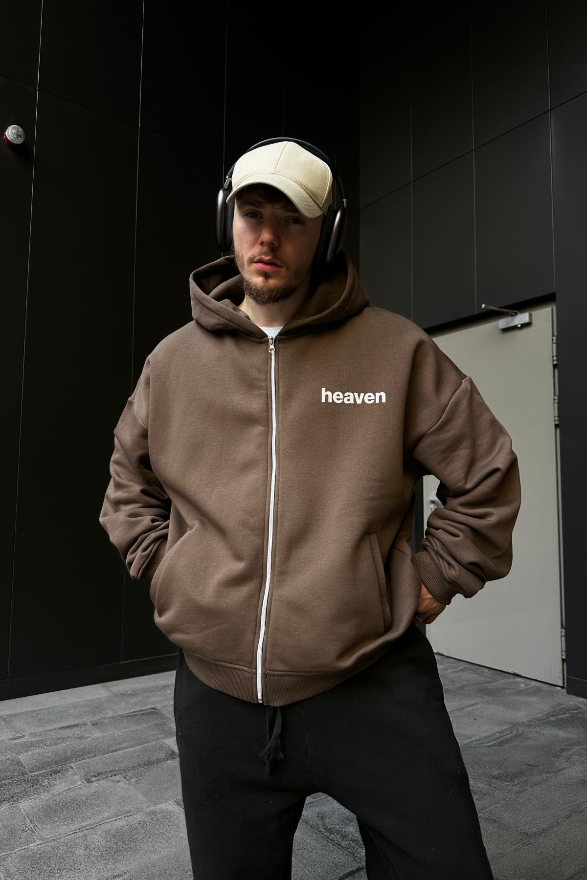 Heaven Baskılı Kahve Oversize Zipper Hoodie SW1103