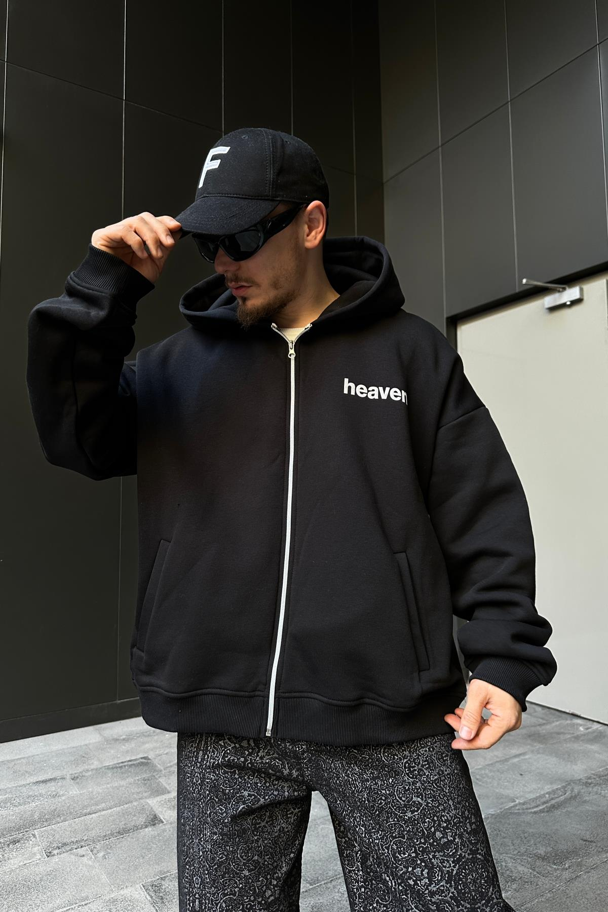 Heaven Baskılı Siyah Oversize Zipper Hoodie SW1105 - Jr.crime