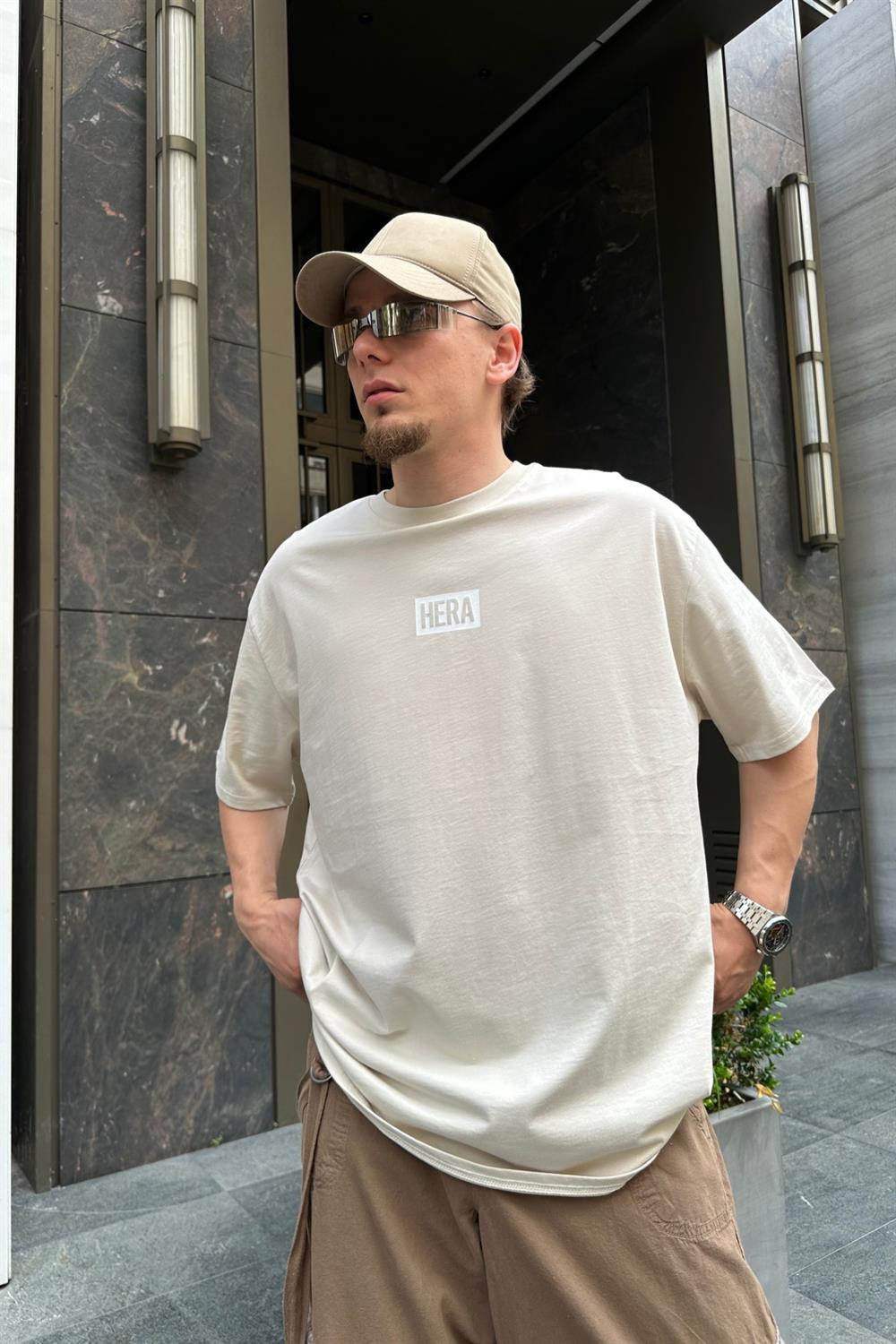 Hera Baskılı Krem Oversize Basic Tshirt T762