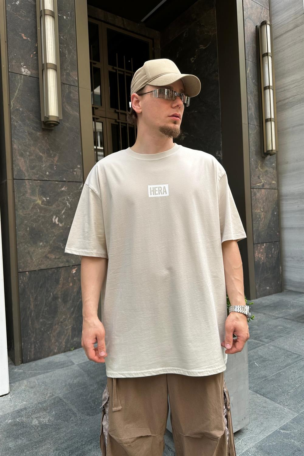 Hera Baskılı Krem Oversize Basic Tshirt T762