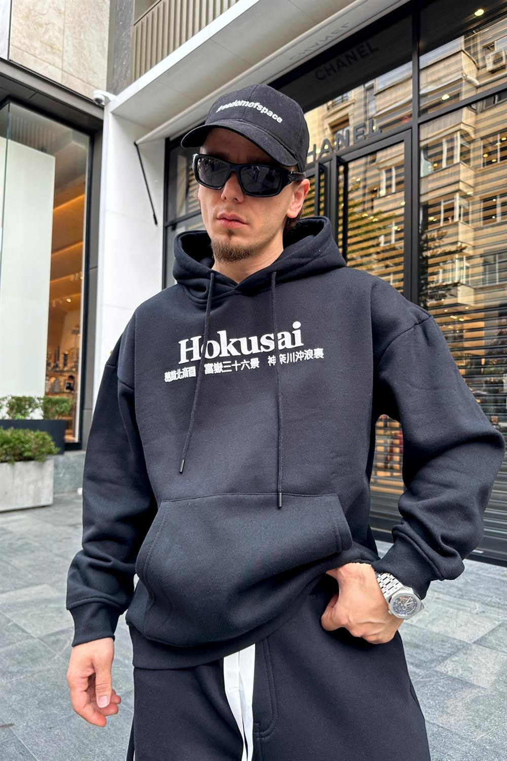 Hokusai Baskılı Siyah Oversize Sweatshirt SW951