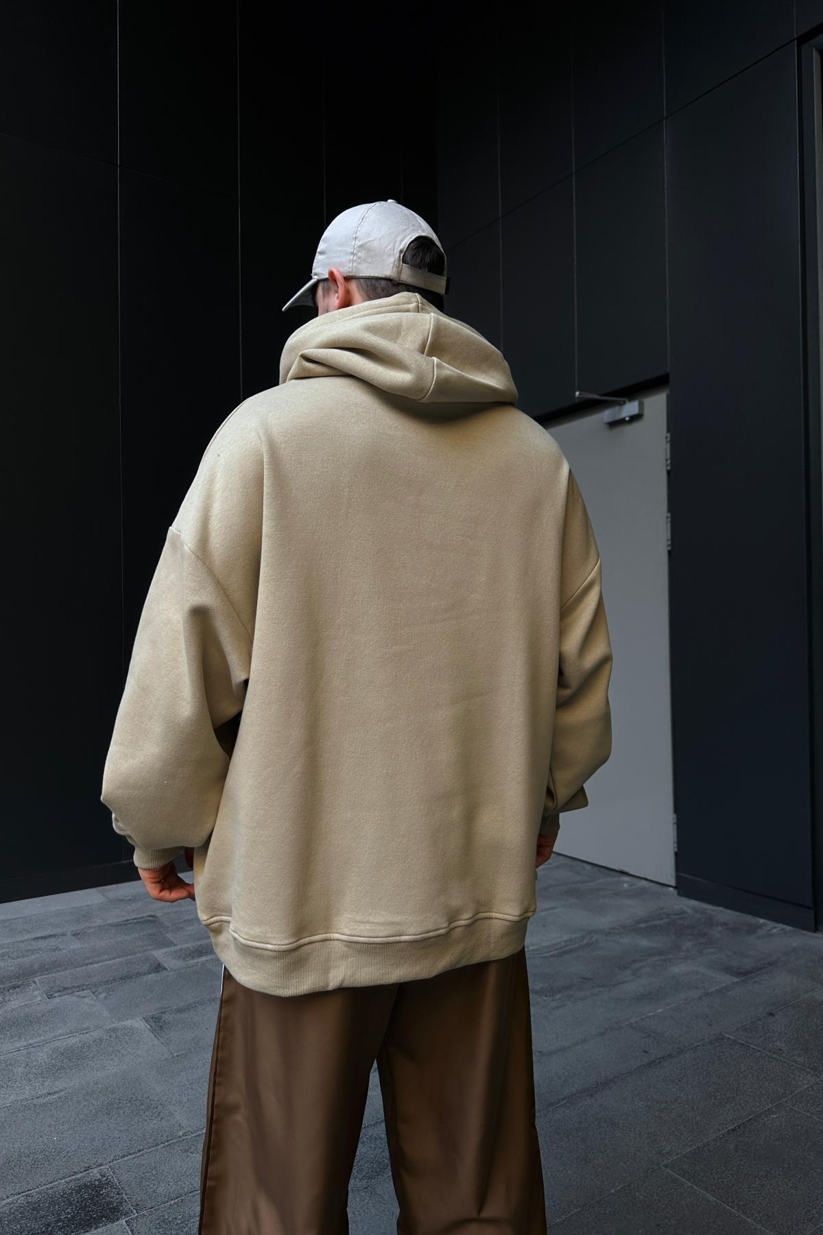Intelligence Baskılı Bej Oversize Hoodie SW1093
