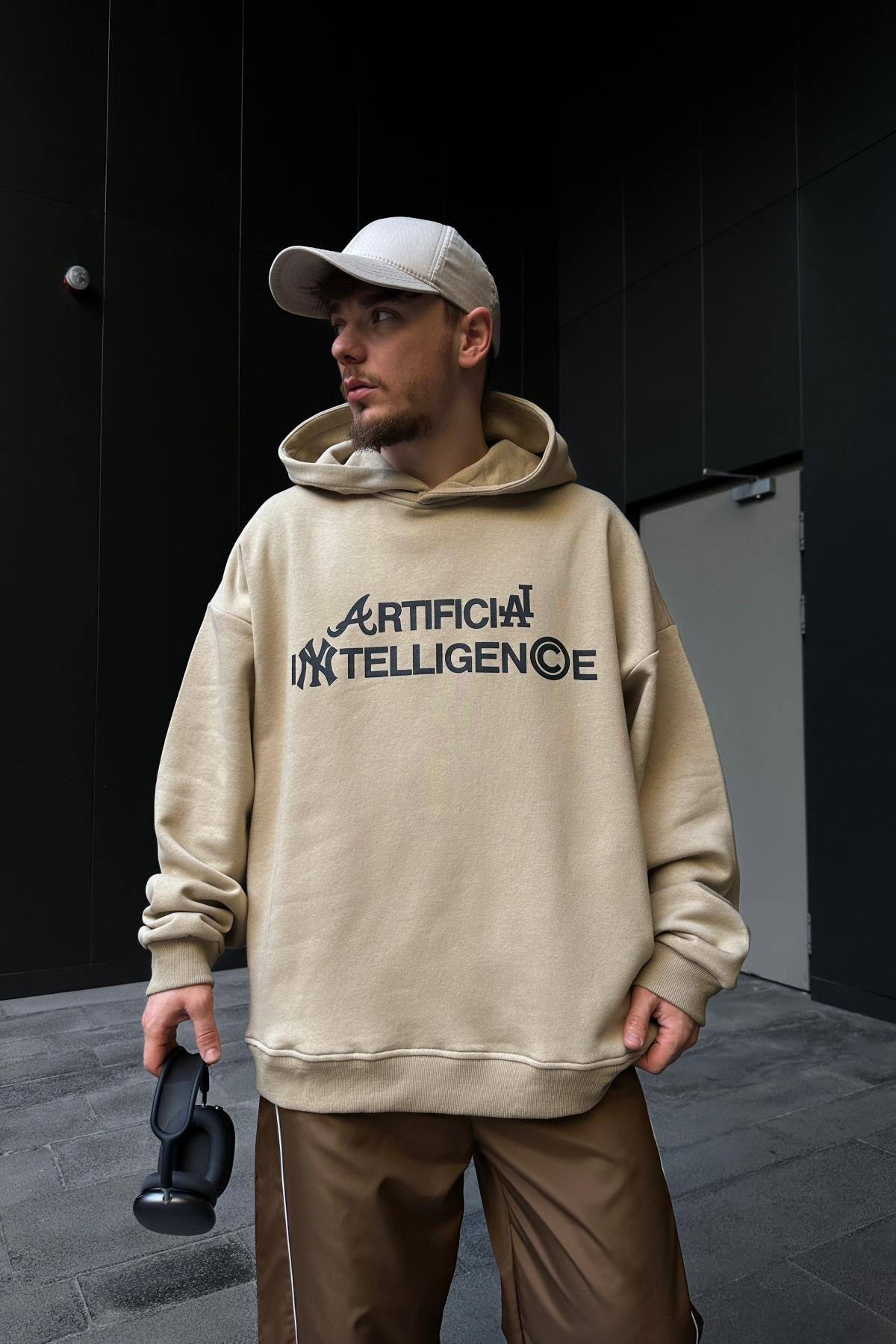 Intelligence Baskılı Bej Oversize Hoodie SW1093