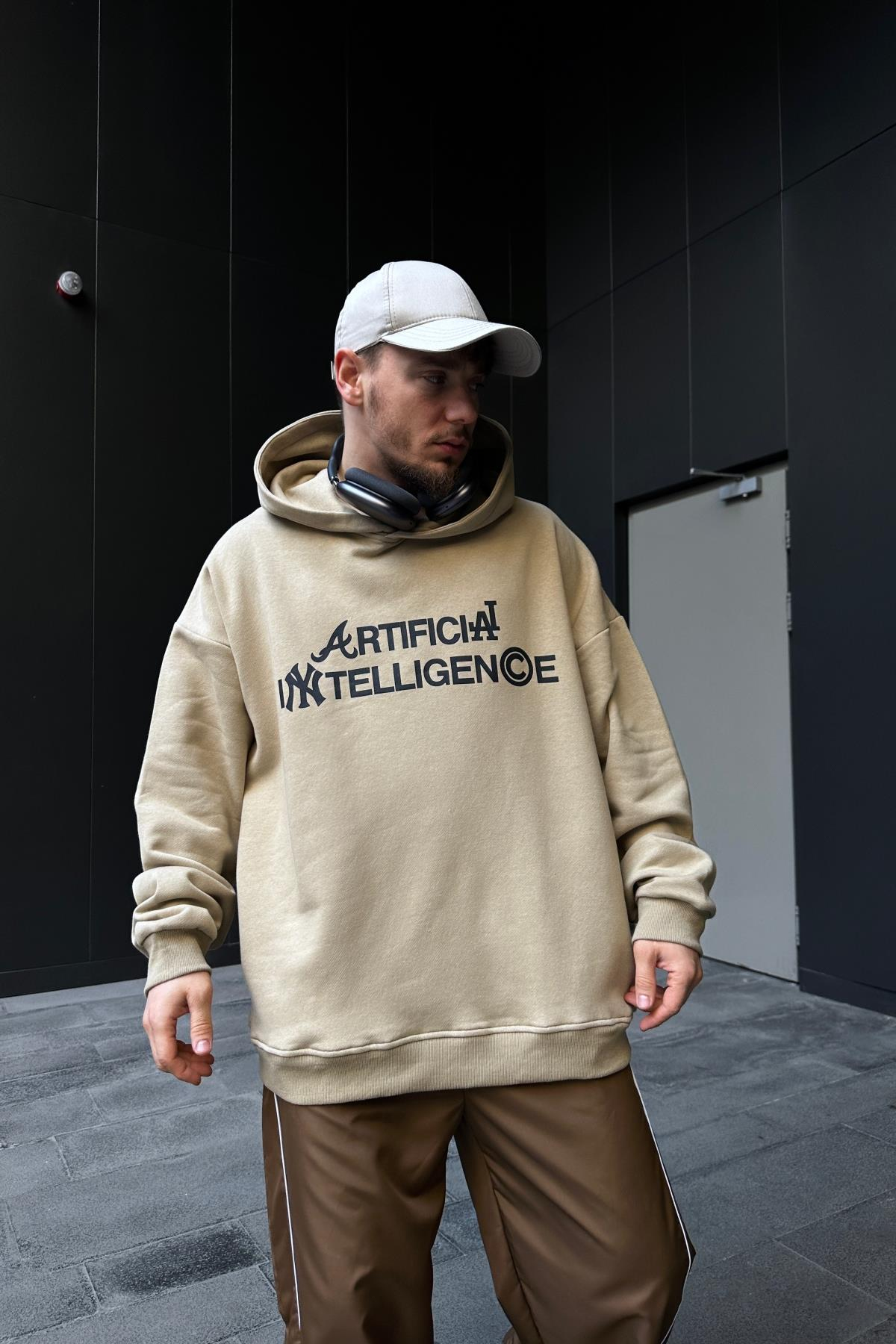 Intelligence Baskılı Bej Oversize Hoodie SW1093
