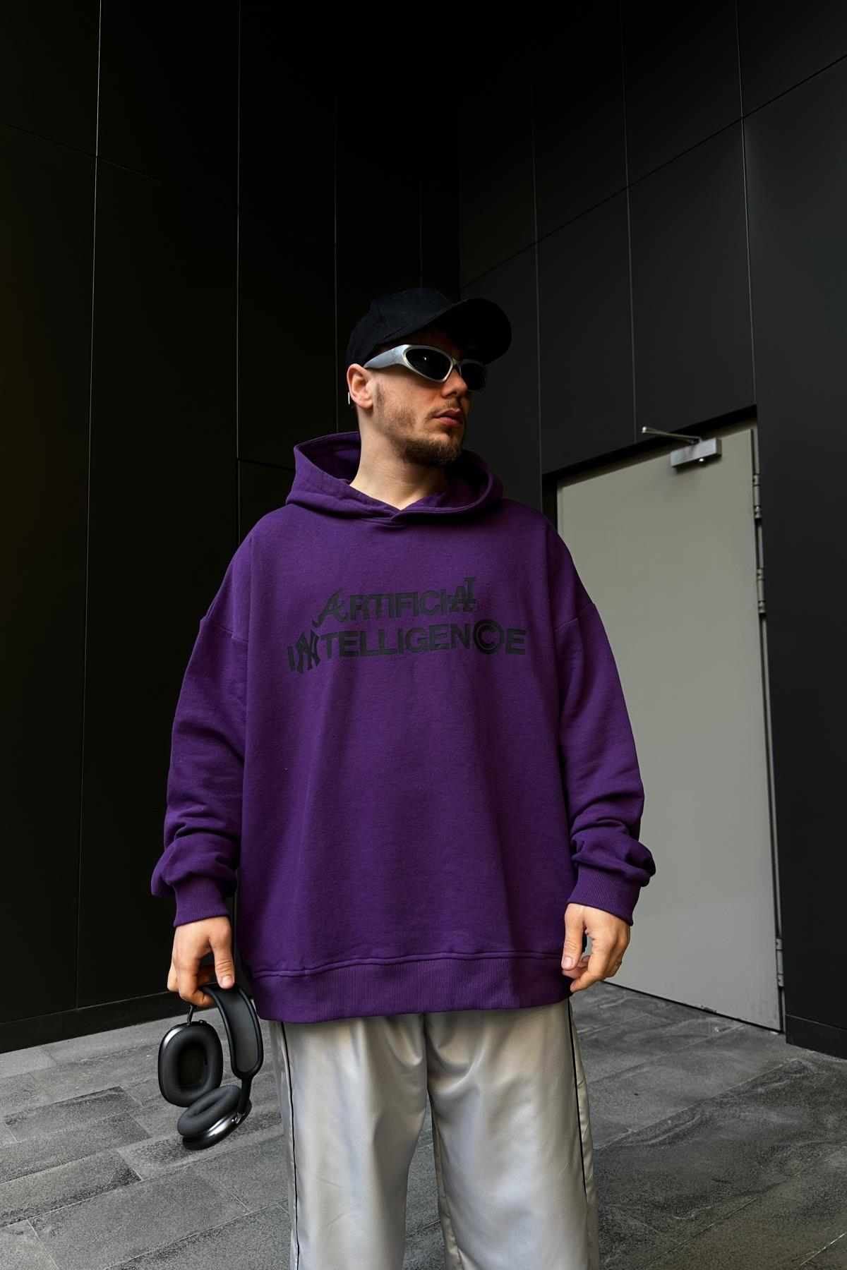 Intelligence Baskılı Mor Oversize Hoodie SW1104