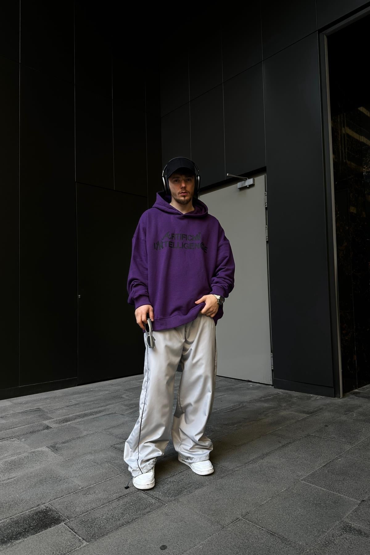 Intelligence Baskılı Mor Oversize Hoodie SW1104