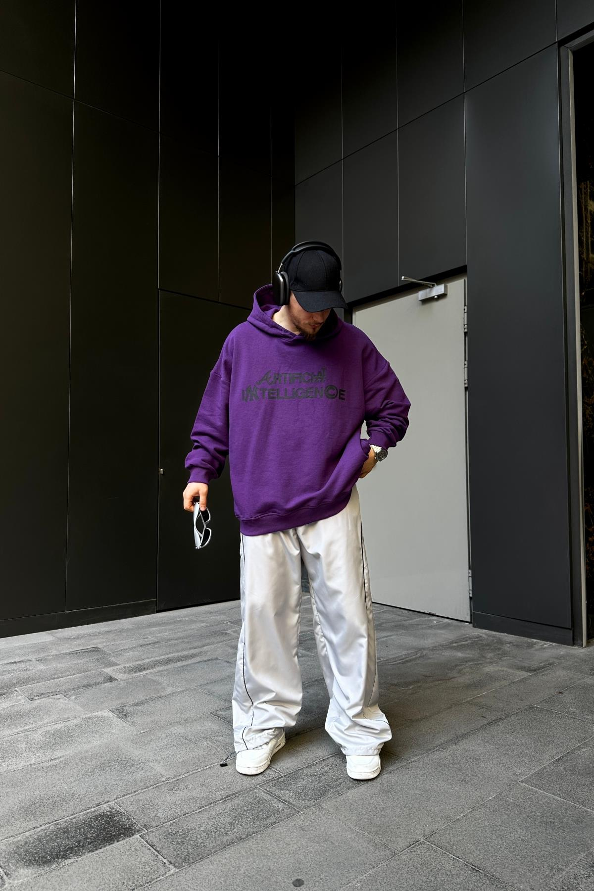 Intelligence Baskılı Mor Oversize Hoodie SW1104
