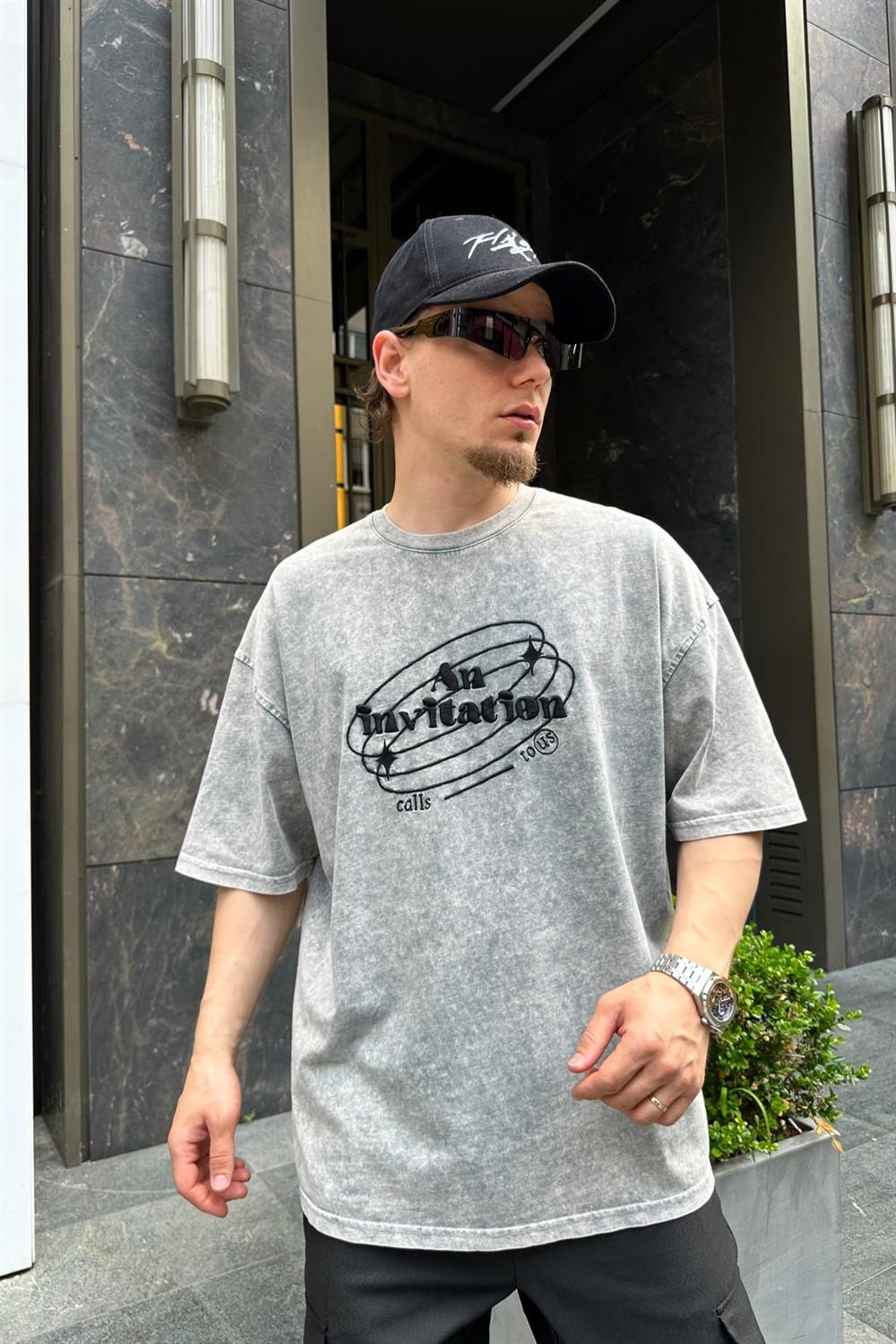 Invitation Nakışlı Acid Wash Premium Oversize Tshirt T766
