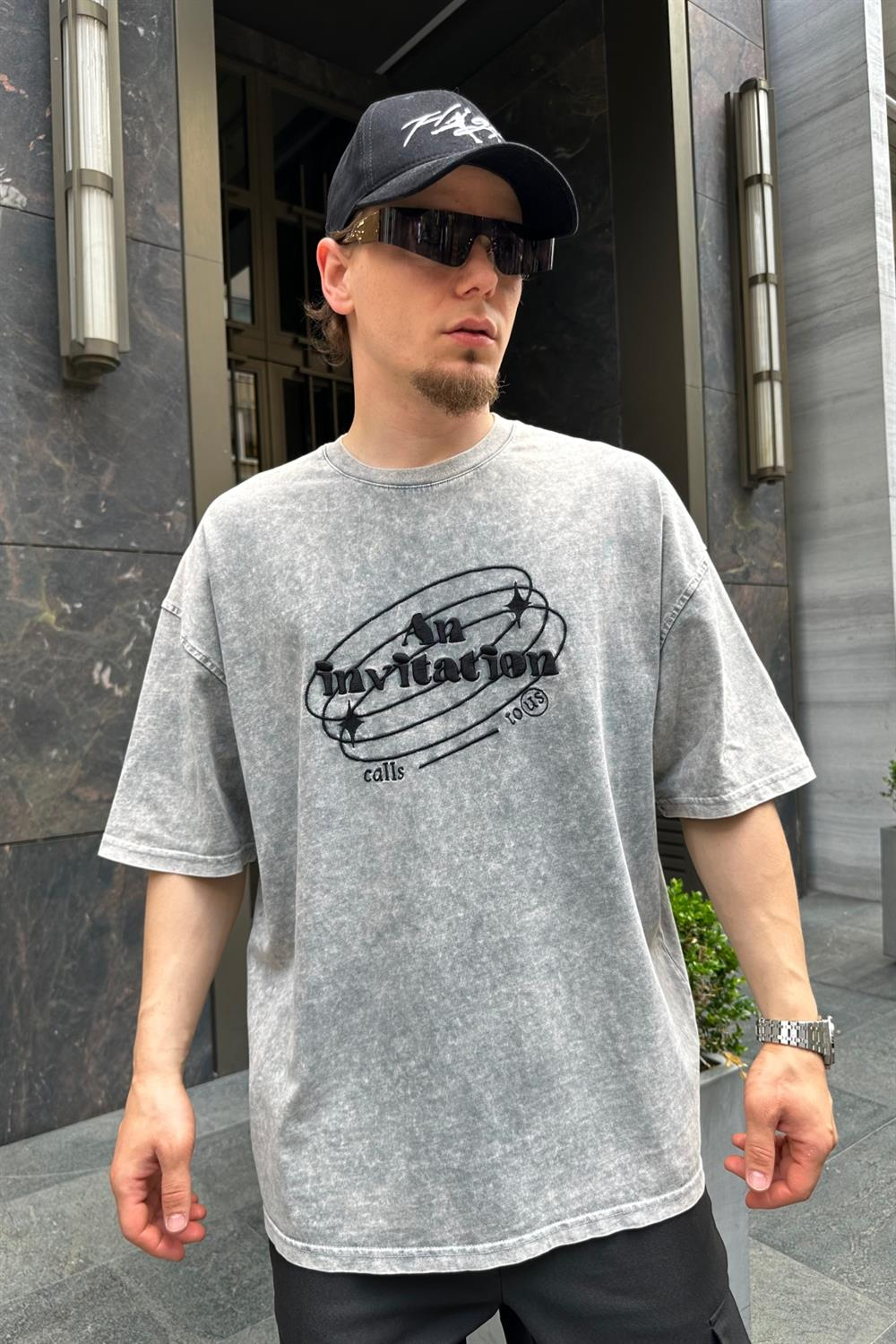 Invitation Nakışlı Acid Wash Premium Oversize Tshirt T766