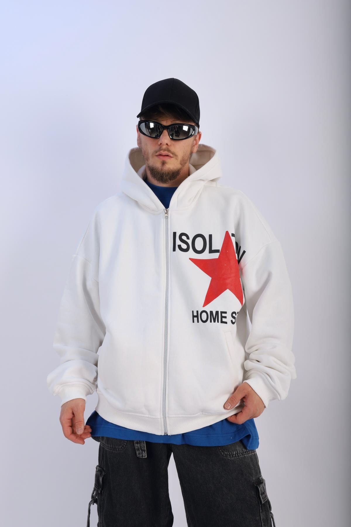 Isolation Baskılı Beyaz Oversize Zipper Hoodie SW1098