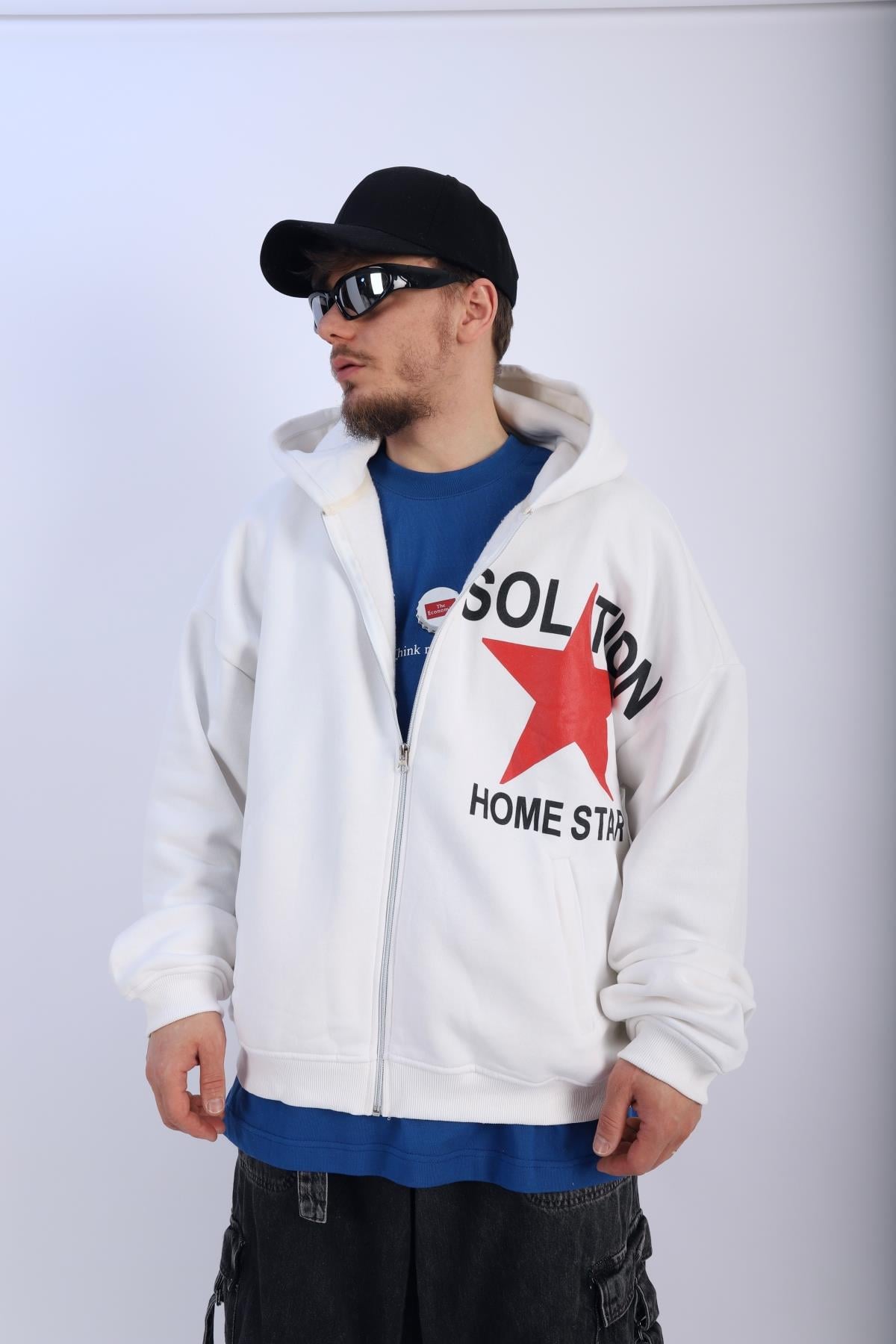 Isolation Baskılı Beyaz Oversize Zipper Hoodie SW1098