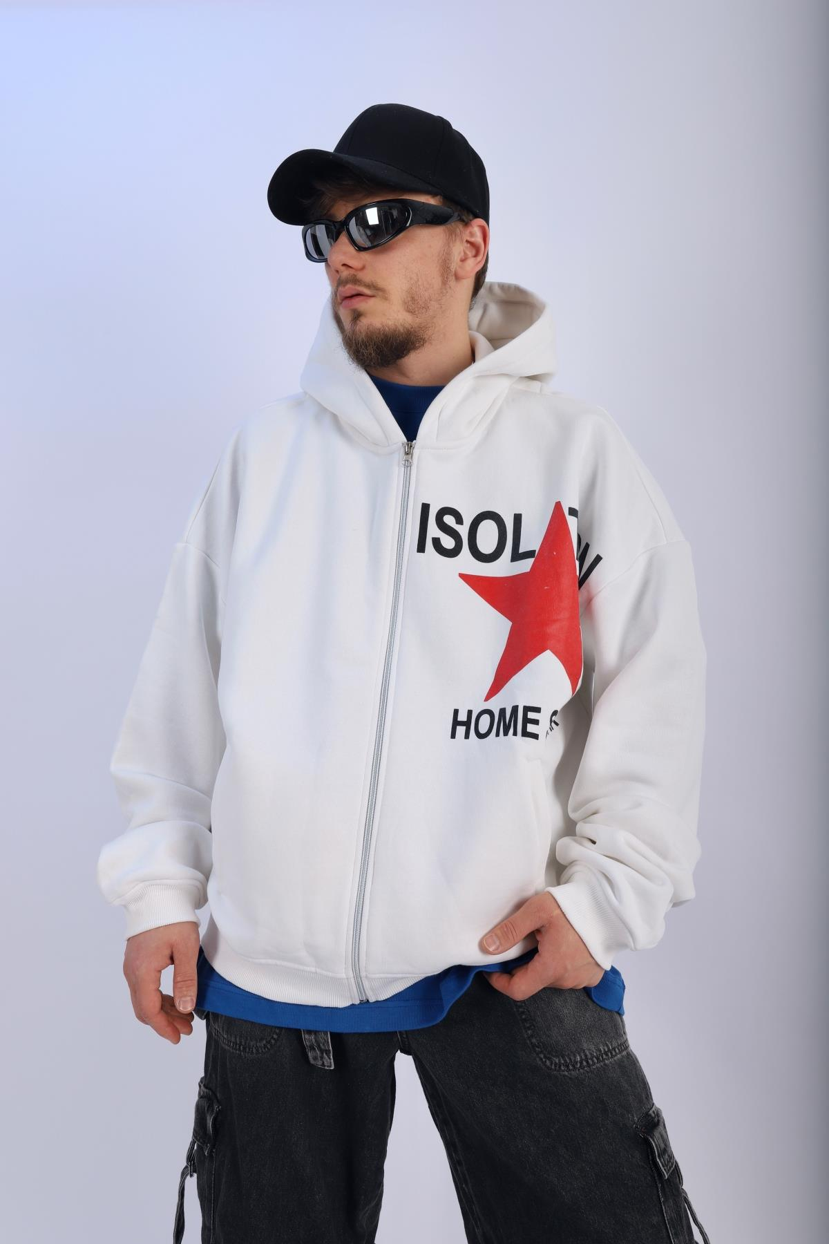 Isolation Baskılı Beyaz Oversize Zipper Hoodie SW1098