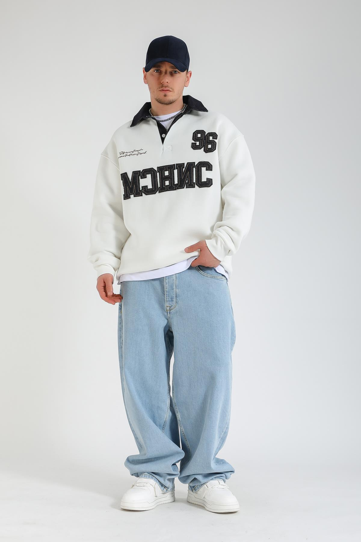 Jean Patch Detay Polo Yaka Oversize Sweatshirt SW1368