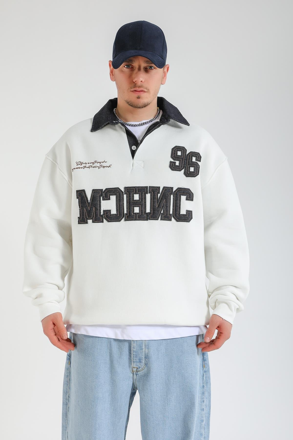 Jean Patch Detay Polo Yaka Oversize Sweatshirt SW1368