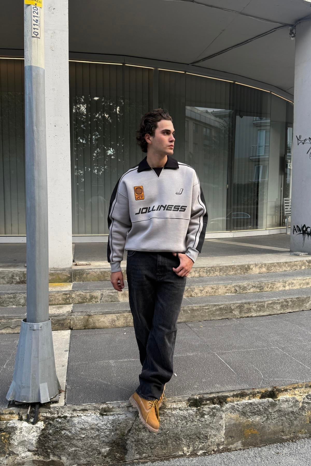 Jolliness Baskılı Polo Yaka Oversize Sweatshirt JC01