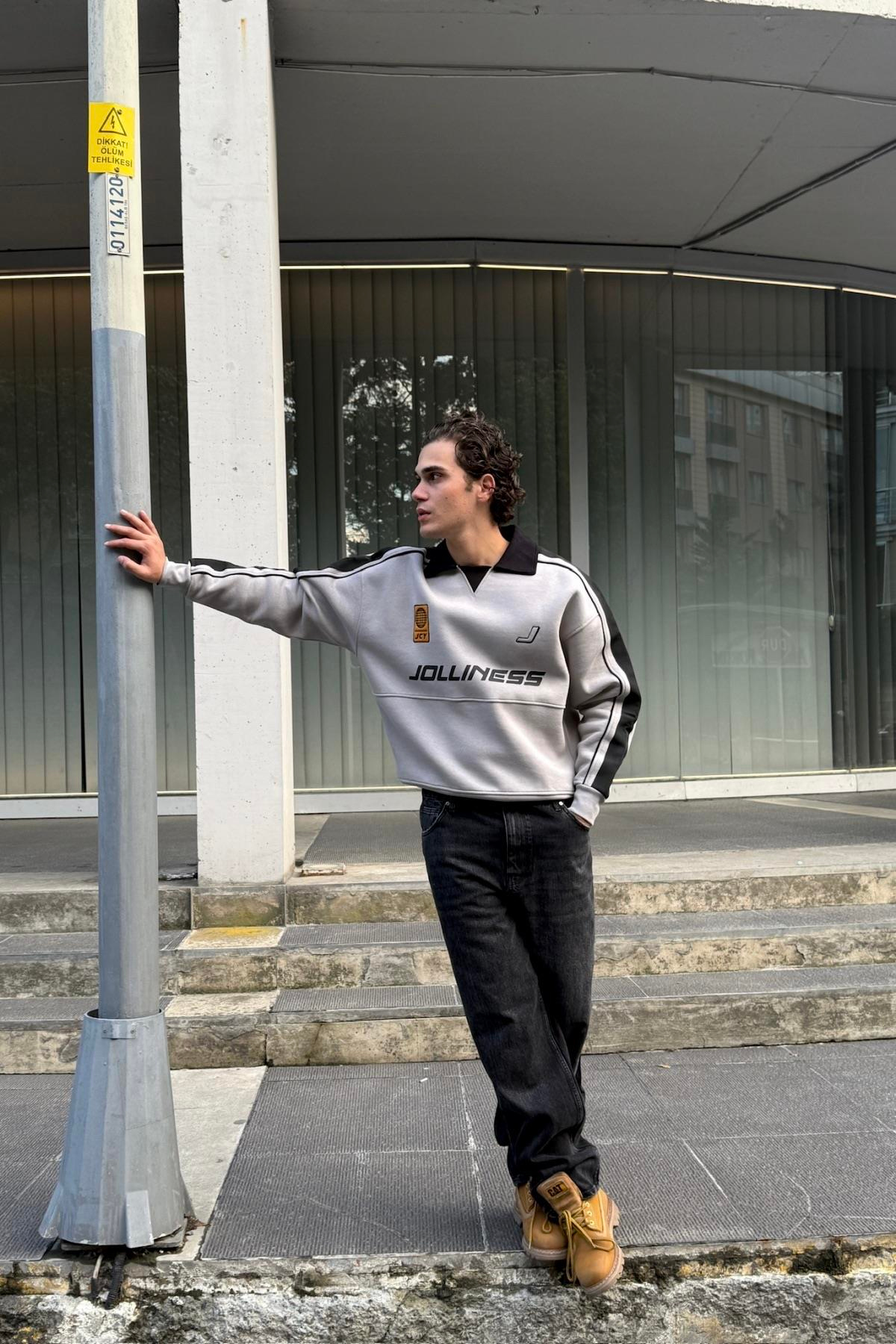 Jolliness Baskılı Polo Yaka Oversize Sweatshirt JC01