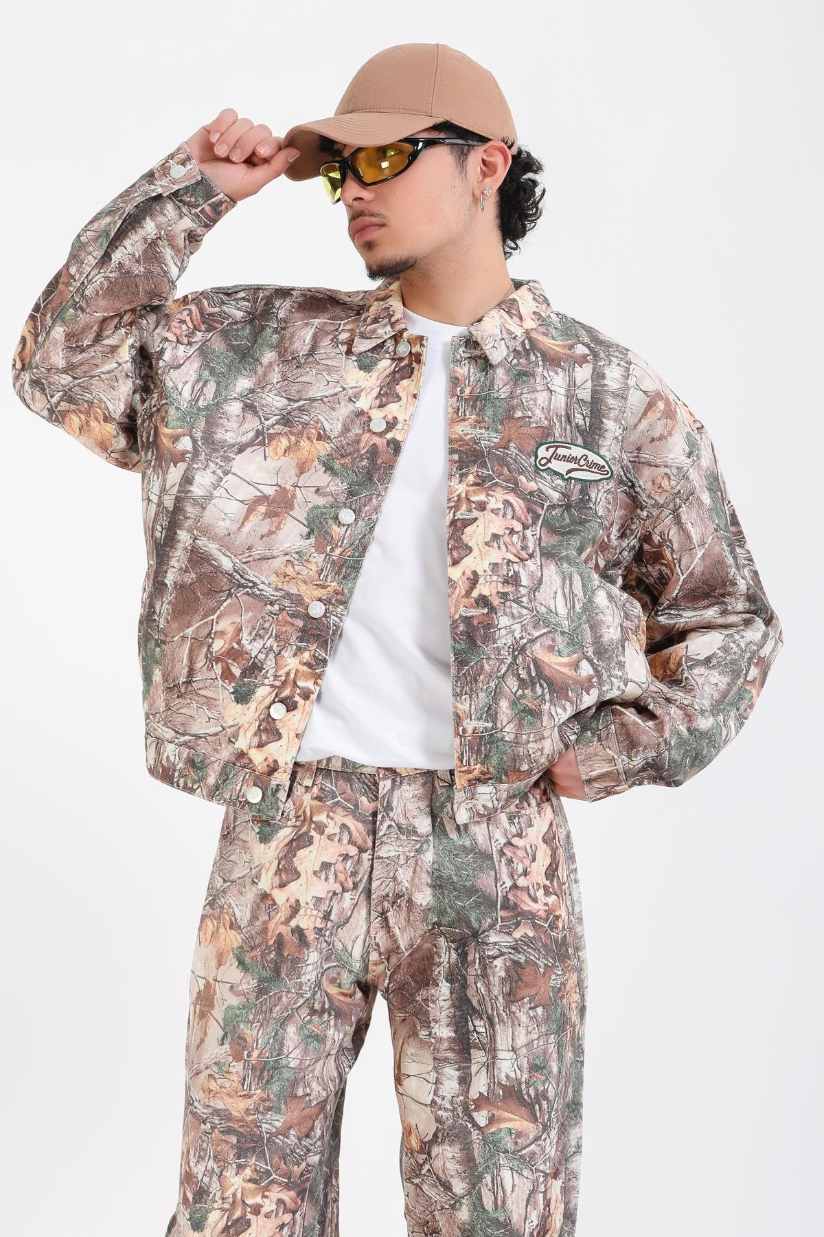 Jr Camo Desenli Kahve Oversize Jean Ceket