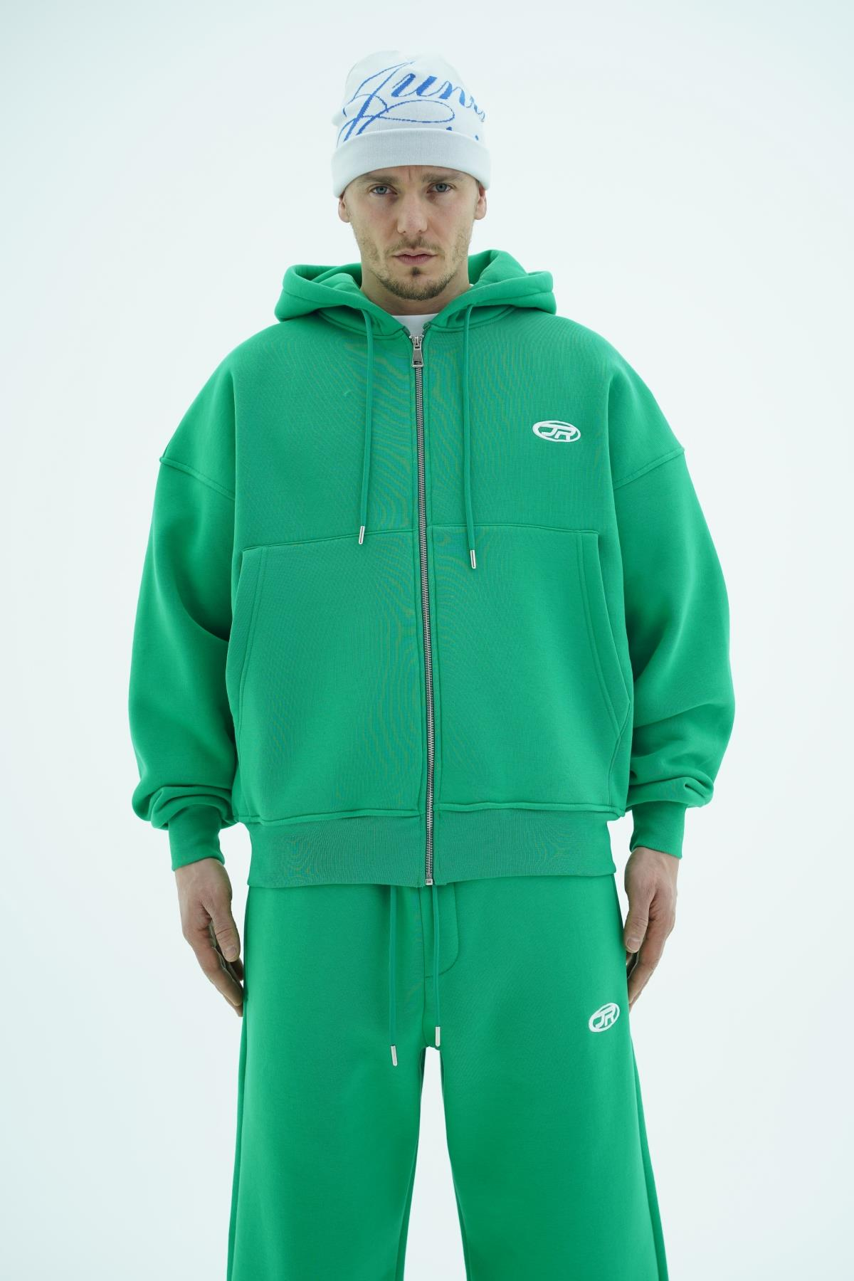 Jr Logo Boxy Kalıp Benetton Yeşil Oversize Zipper Sweatshirt