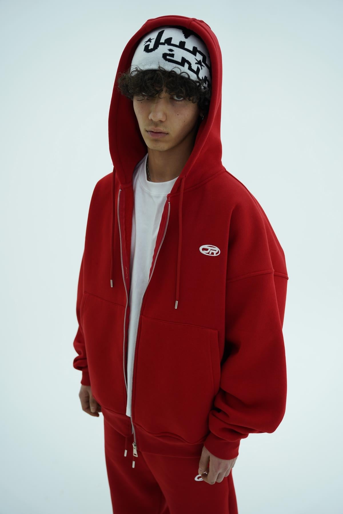 Jr Logo Boxy Kalıp Kırmızı Oversize Zipper Sweatshirt