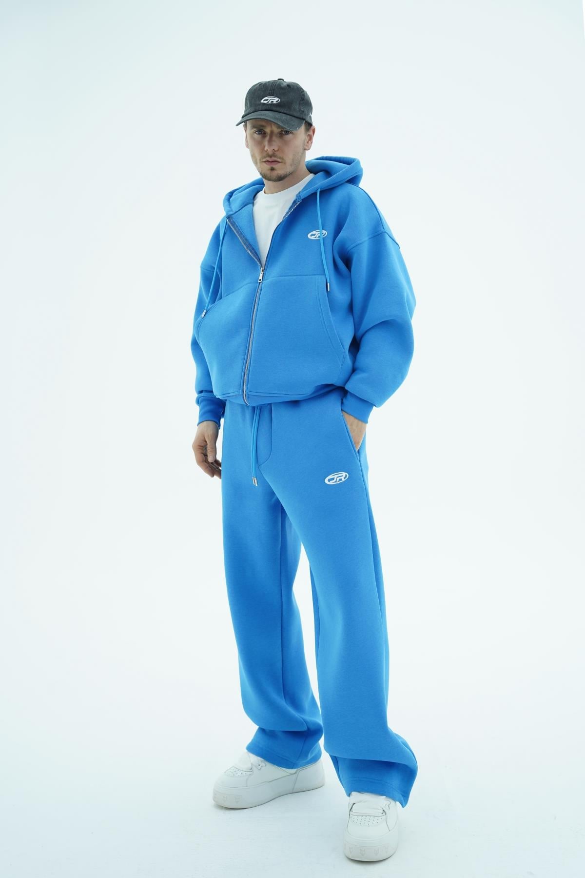 Jr Logo Boxy Kalıp Mavi Oversize Zipper Sweatshirt