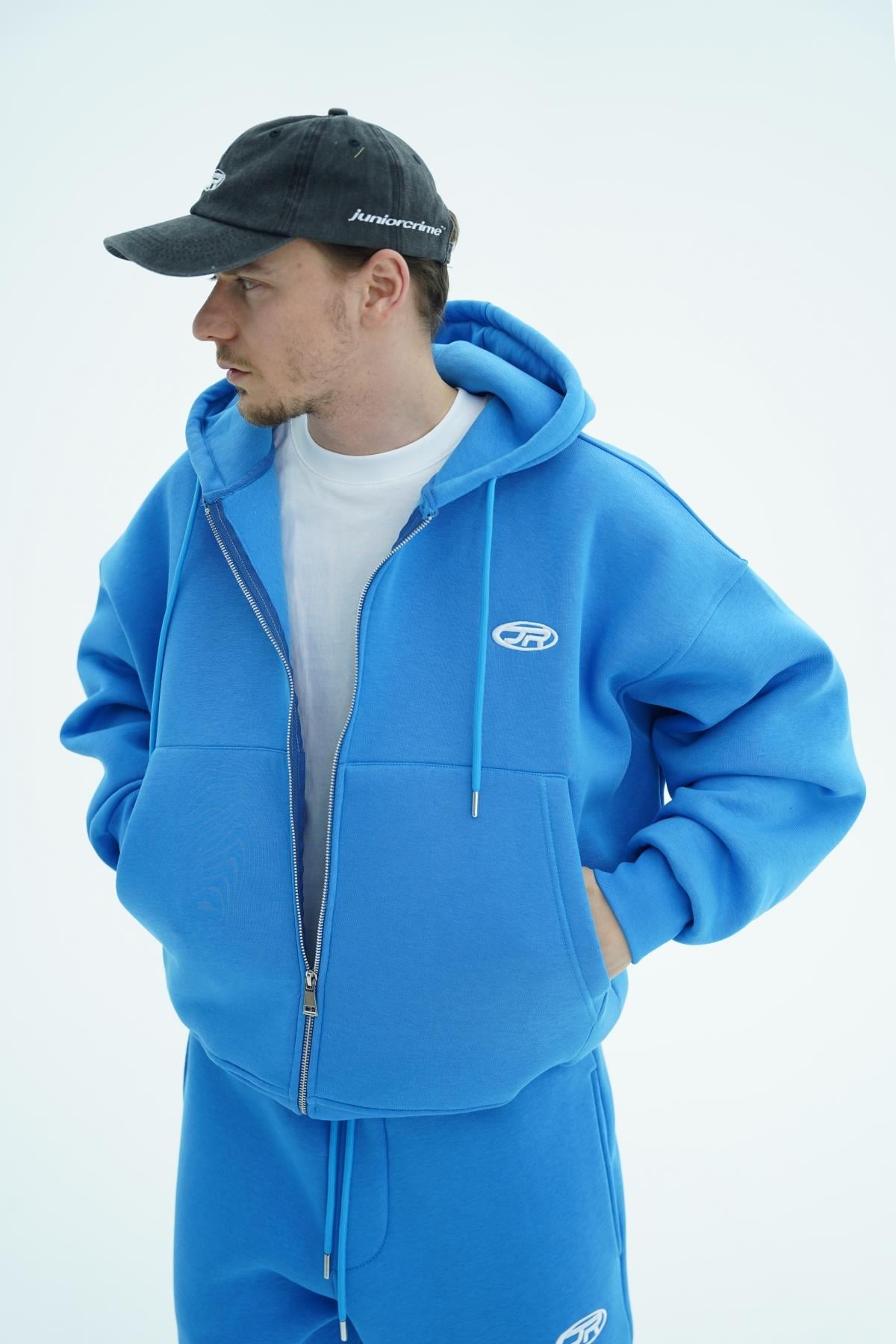Jr Logo Boxy Kalıp Mavi Oversize Zipper Sweatshirt