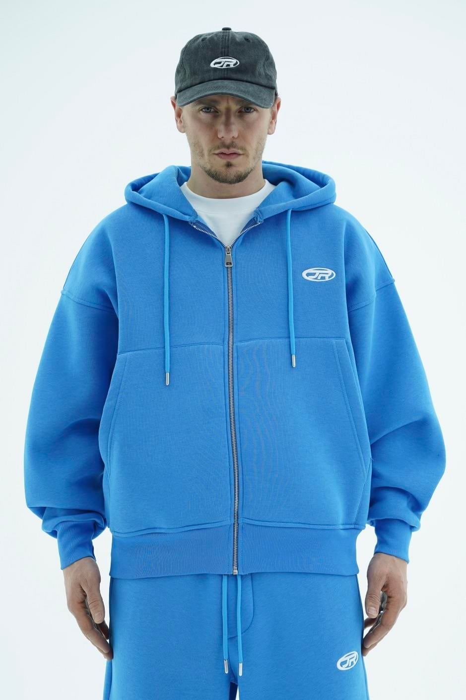 Jr Logo Boxy Kalıp Mavi Oversize Zipper Sweatshirt