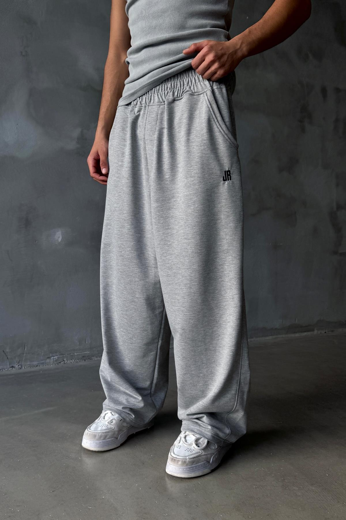 JR Nakışlı Gri Real Baggy Eşofman Altı