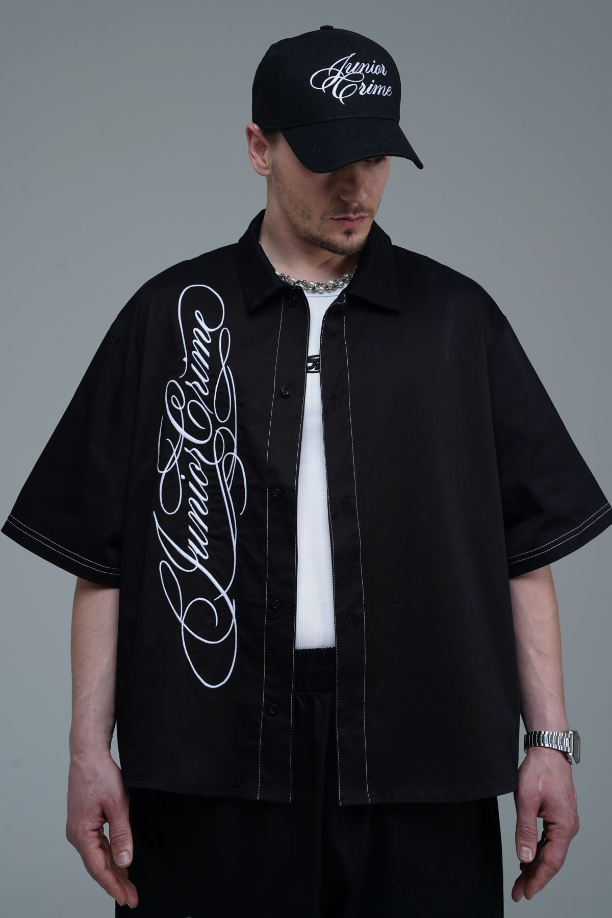JR Signature Baskılı Boxy Fit Gabardin Gömlek