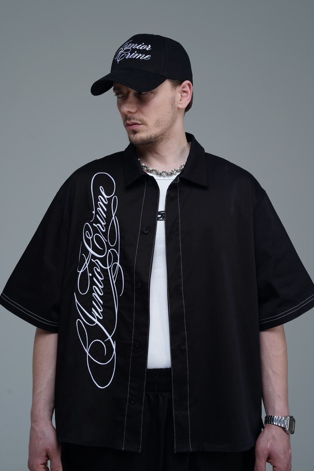 JR Signature Baskılı Boxy Fit Gabardin Gömlek