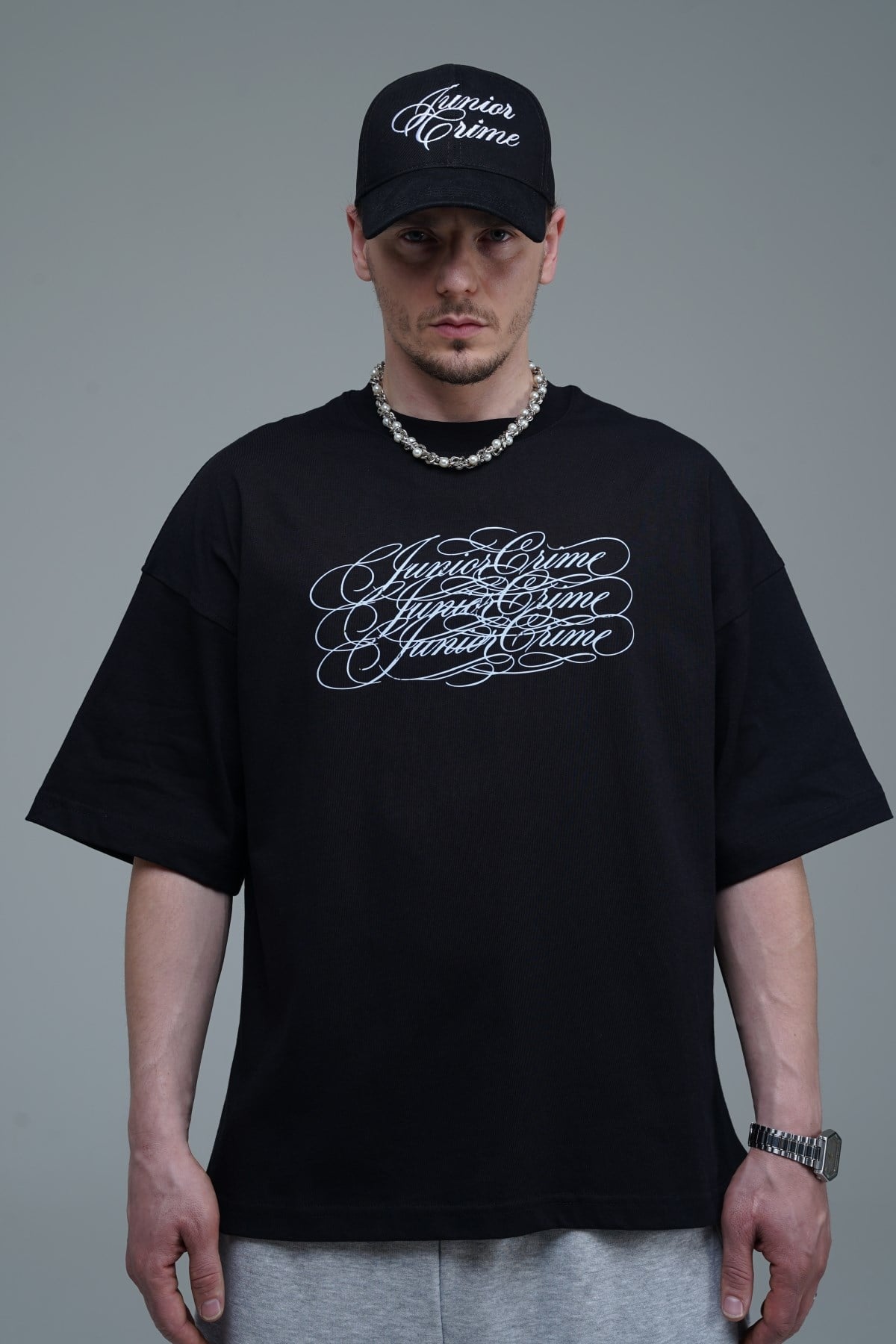 JR Signature Baskılı Siyah Boxy Fit Tshirt