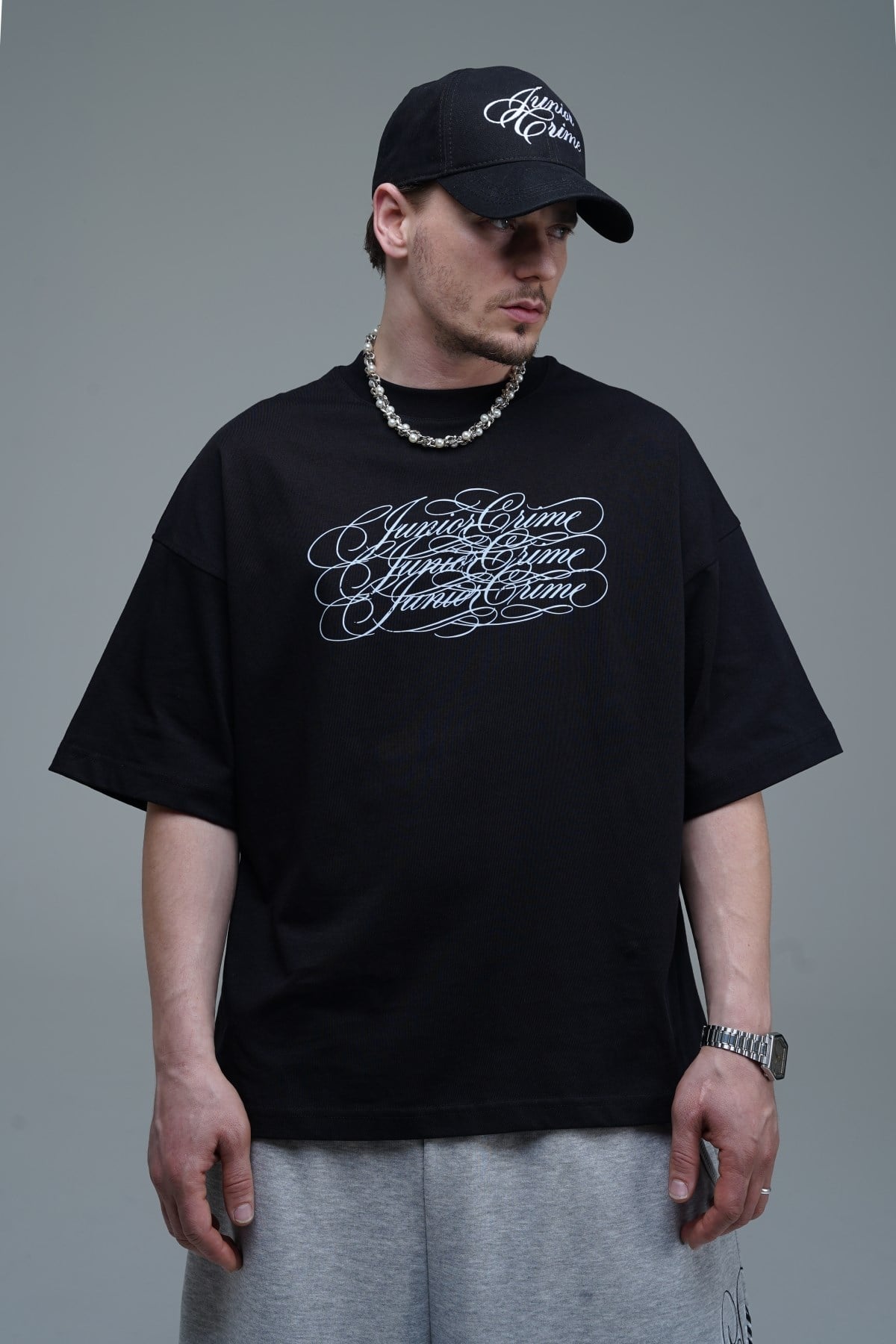 JR Signature Baskılı Siyah Boxy Fit Tshirt