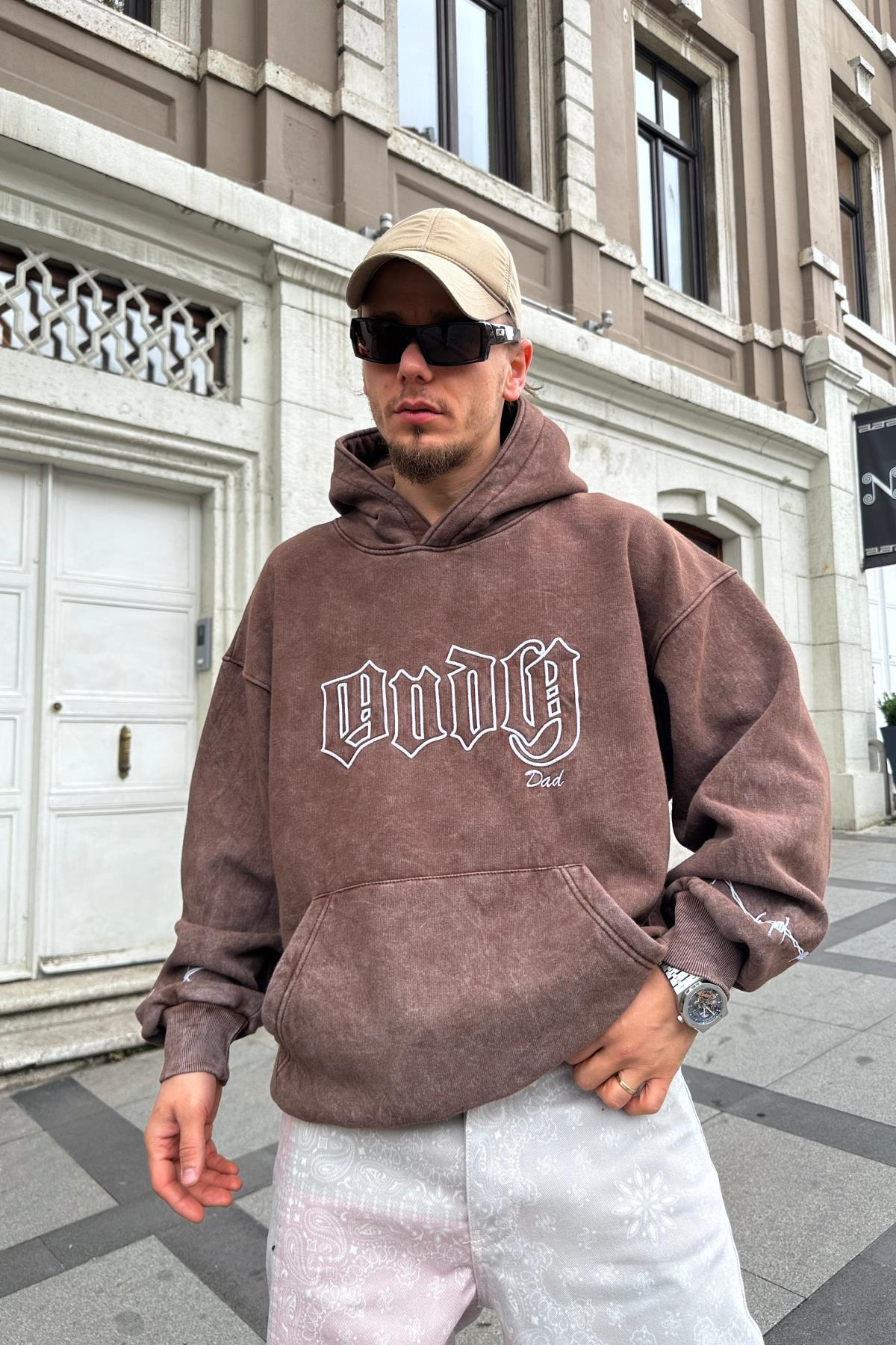 Kahve Acid Wash Oversize Dad Sweatshirt SW998