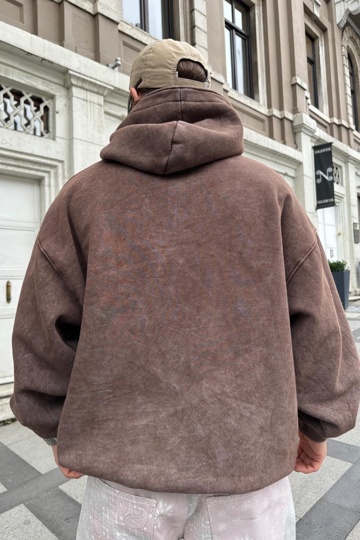 Kahve Acid Wash Oversize Dad Sweatshirt SW998
