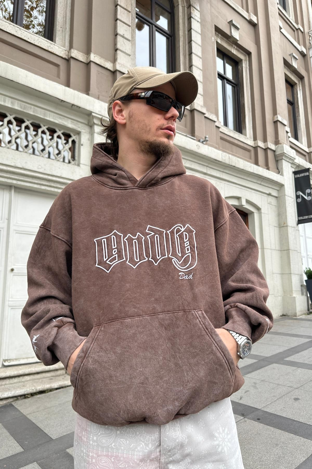 Kahve Acid Wash Oversize Dad Sweatshirt SW998
