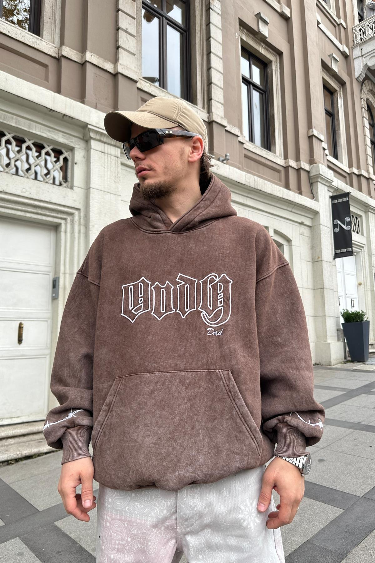 Kahve Acid Wash Oversize Dad Sweatshirt SW998