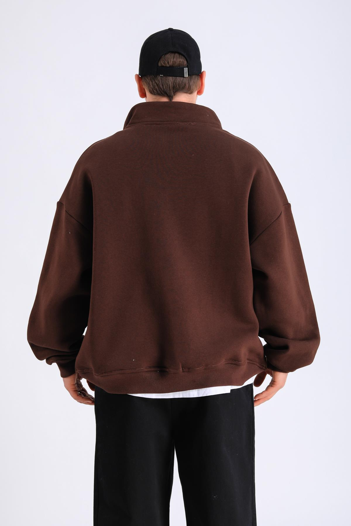 Kahve Fermuar Yaka Oversize Sweatshirt SW1298
