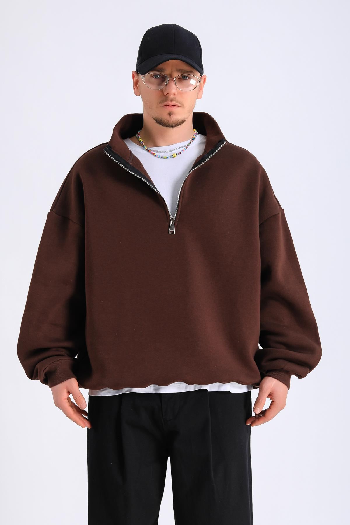 Kahve Fermuar Yaka Oversize Sweatshirt SW1298