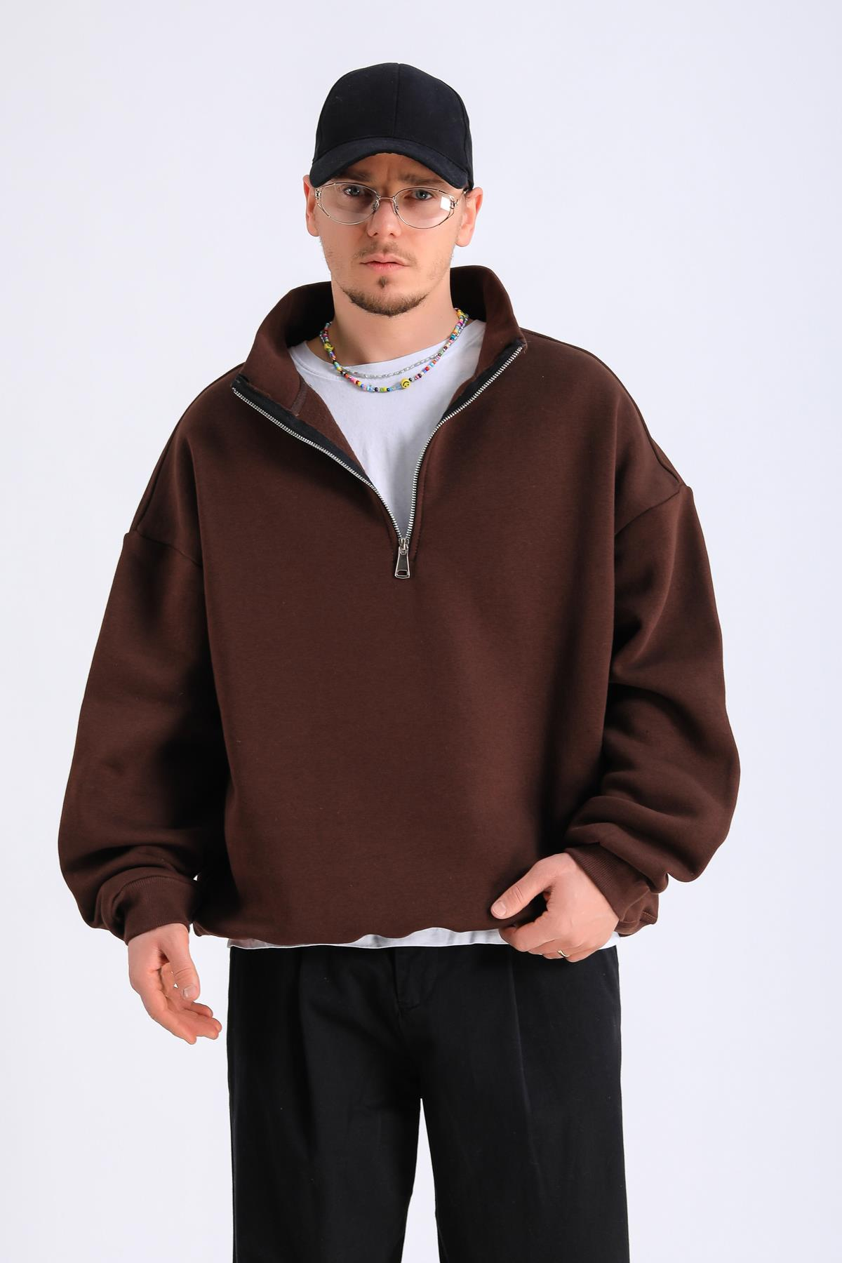 Kahve Fermuar Yaka Oversize Sweatshirt SW1298