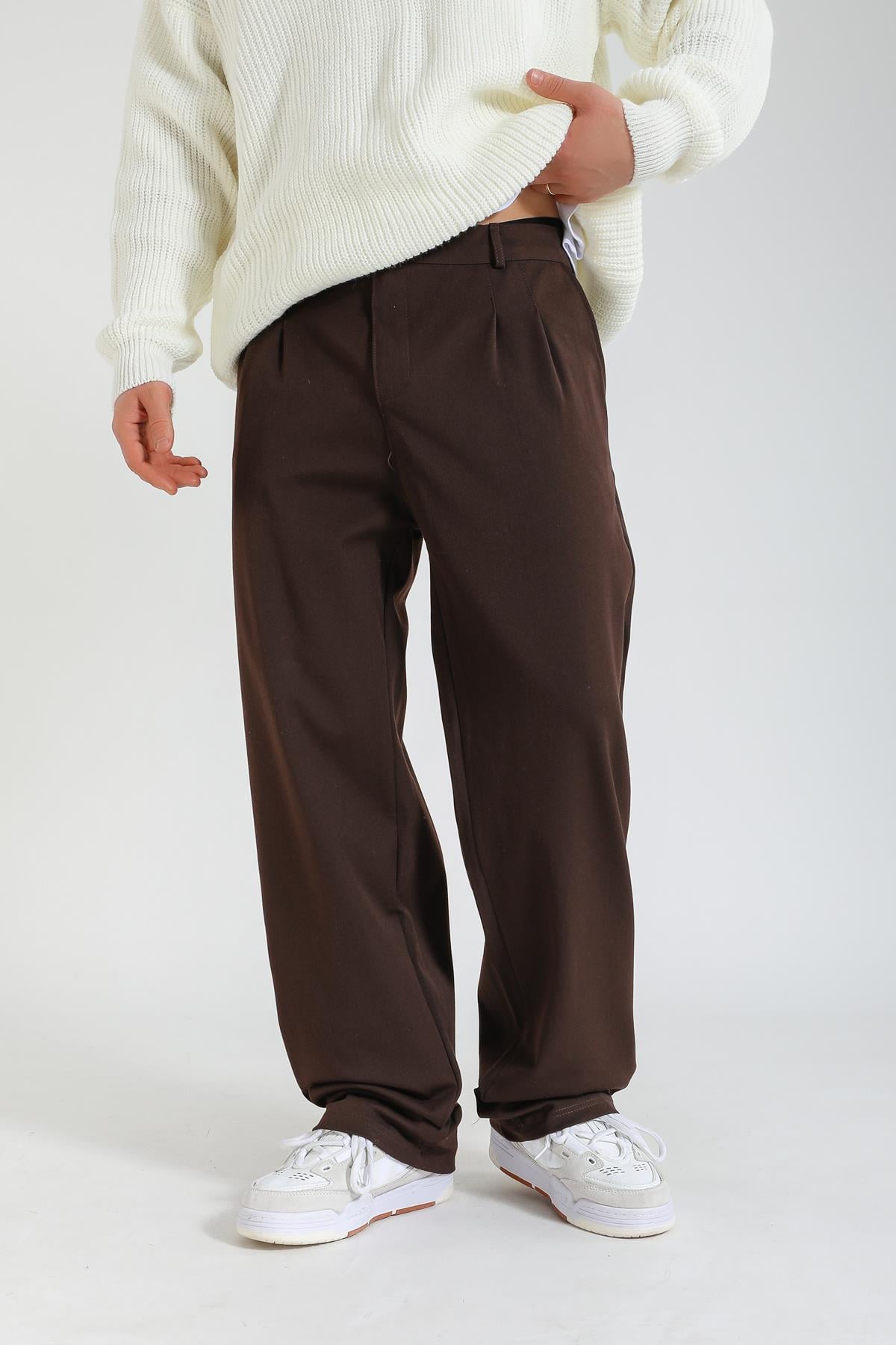 Kahve Kumaş Pileli Baggy Pantolon P1128